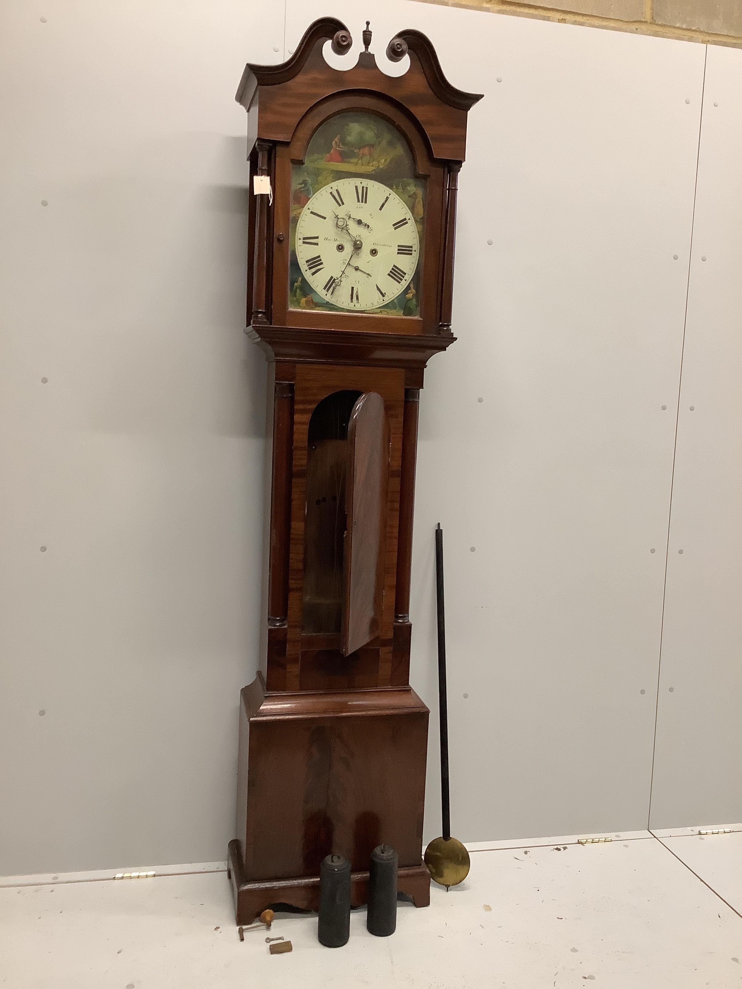 A Victorian mahogany eight day longcase clock, the painted arched dial marked Mercer, Aberdeen, height 216cm